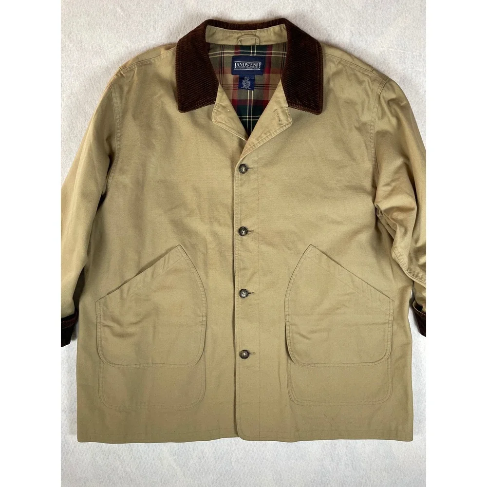 Lands End Mens Khaki Chore Barn‎ Field Jacket Corduroy Collar Plaid Lined XXL